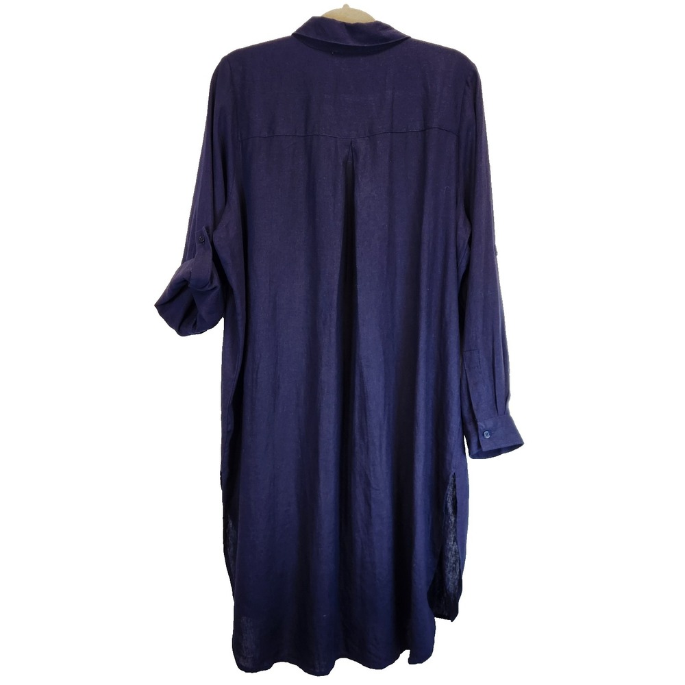 Jessica London Hi-Low Linen Blend Tunic Women`s Sz 18W Navy Blue Roll Tab Sleeve - Picture 3 of 10